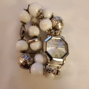 White and silver bead watch